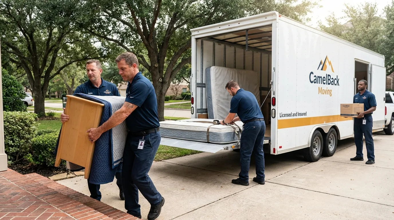 Crew loading residential truck for cross-state move from Estherville, IA