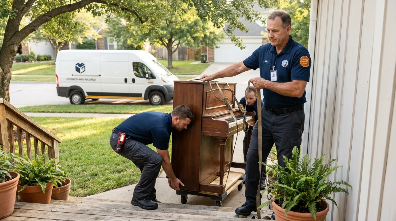 Licensed piano movers securing grand piano in Estherville, IA