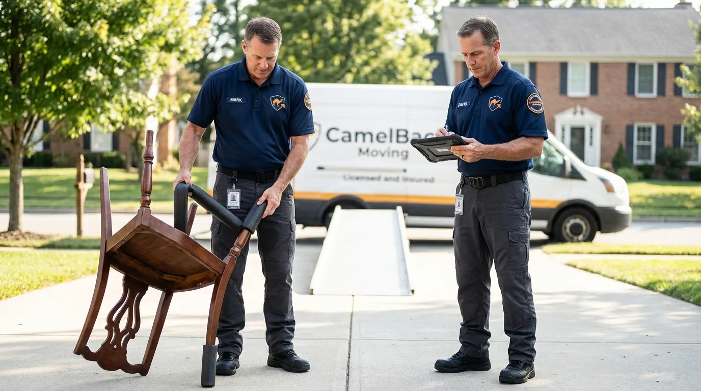 Movers inspecting furniture for damage prevention before loading in Estherville, IA
