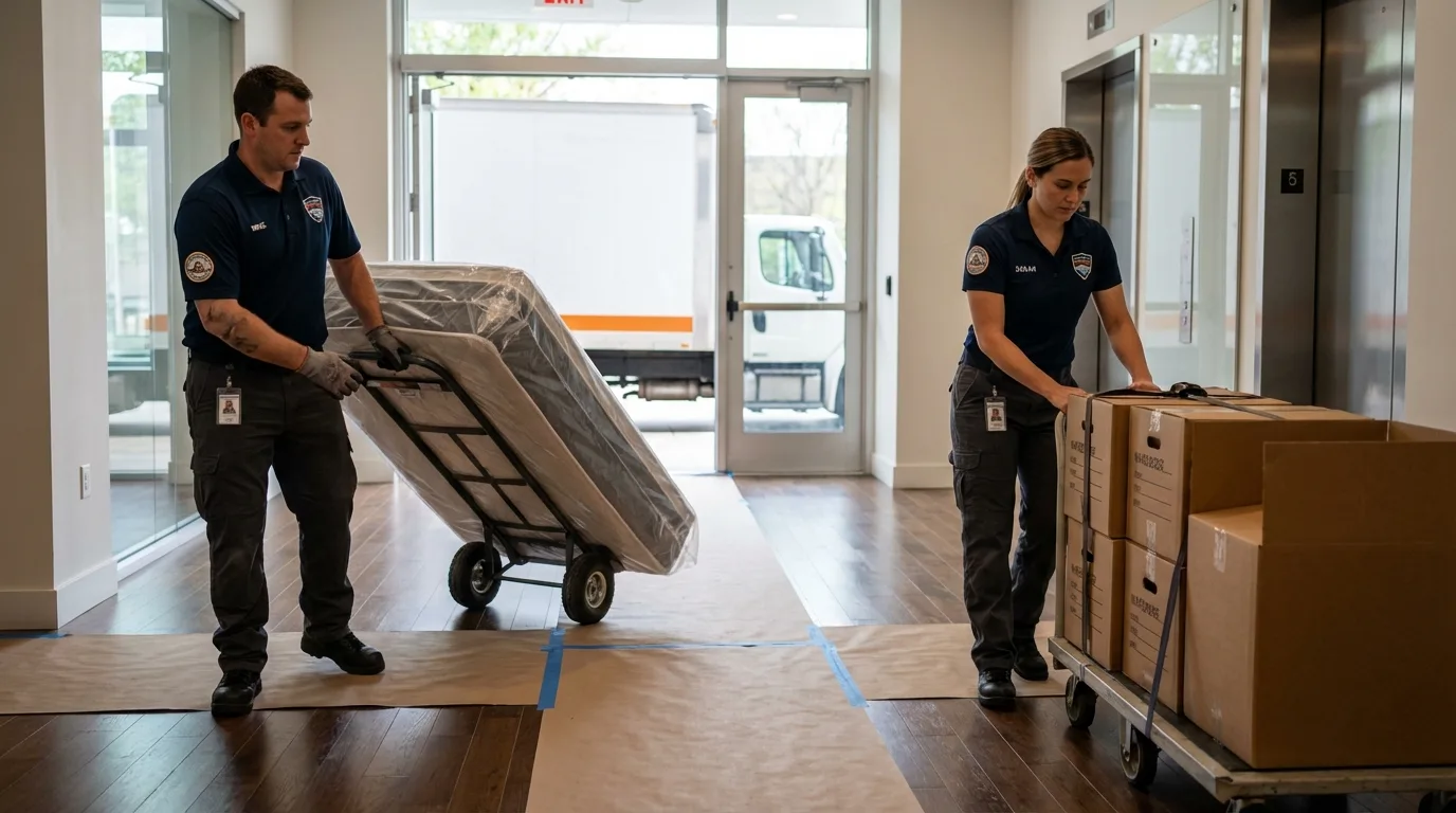 Professional apartment movers loading elevator in Estherville, IA