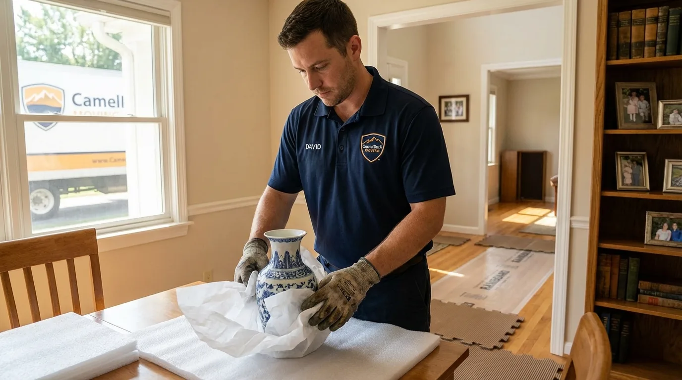 Professional crew carefully wrapping antique vase for senior downsizing move in Estherville, IA