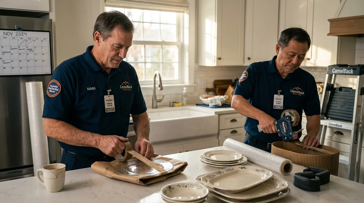 Professional crew packing kitchen dishware in Estherville, IA